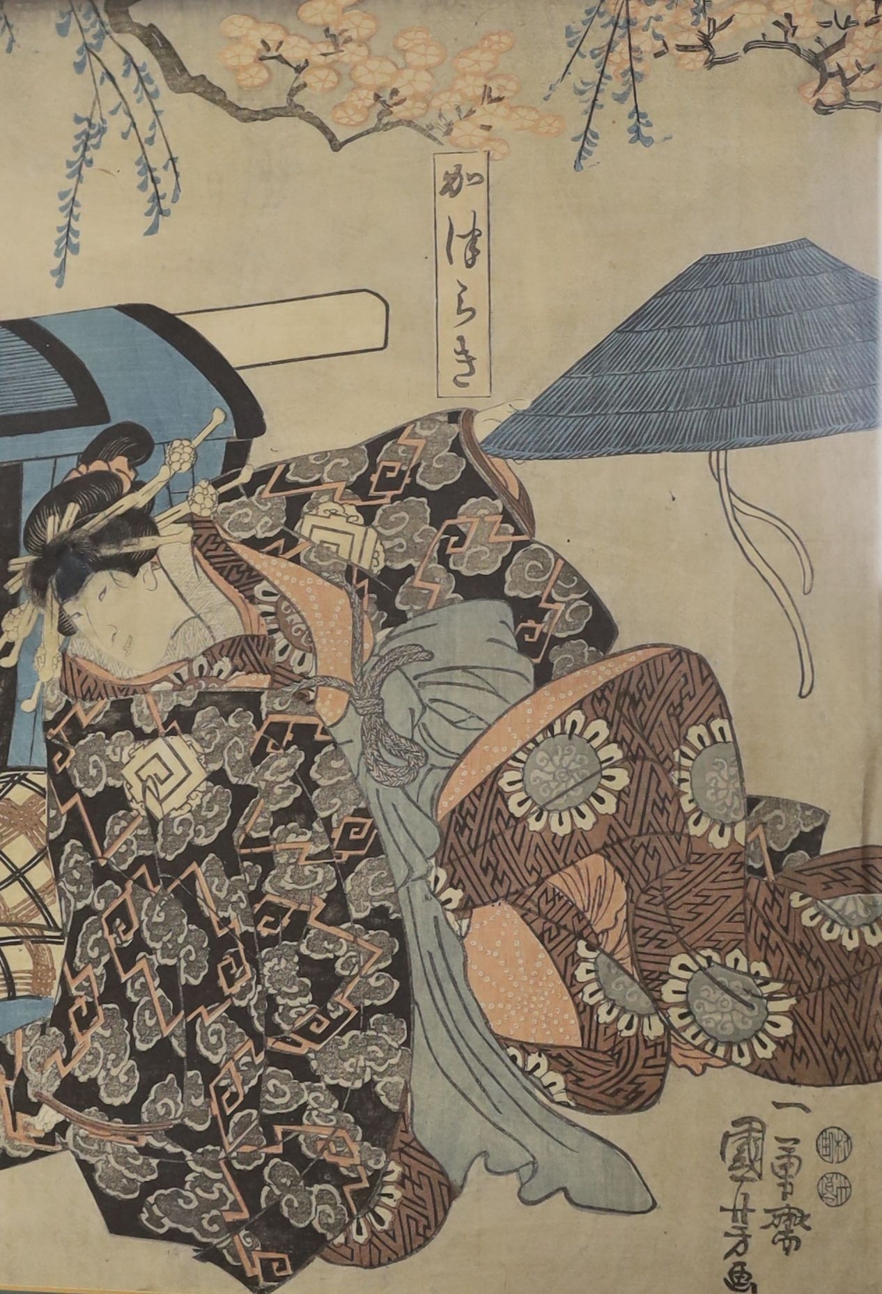 Japanese School, nine assorted woodblock prints including studies of Geisha and two triptychs, largest overall 35 x 70cm